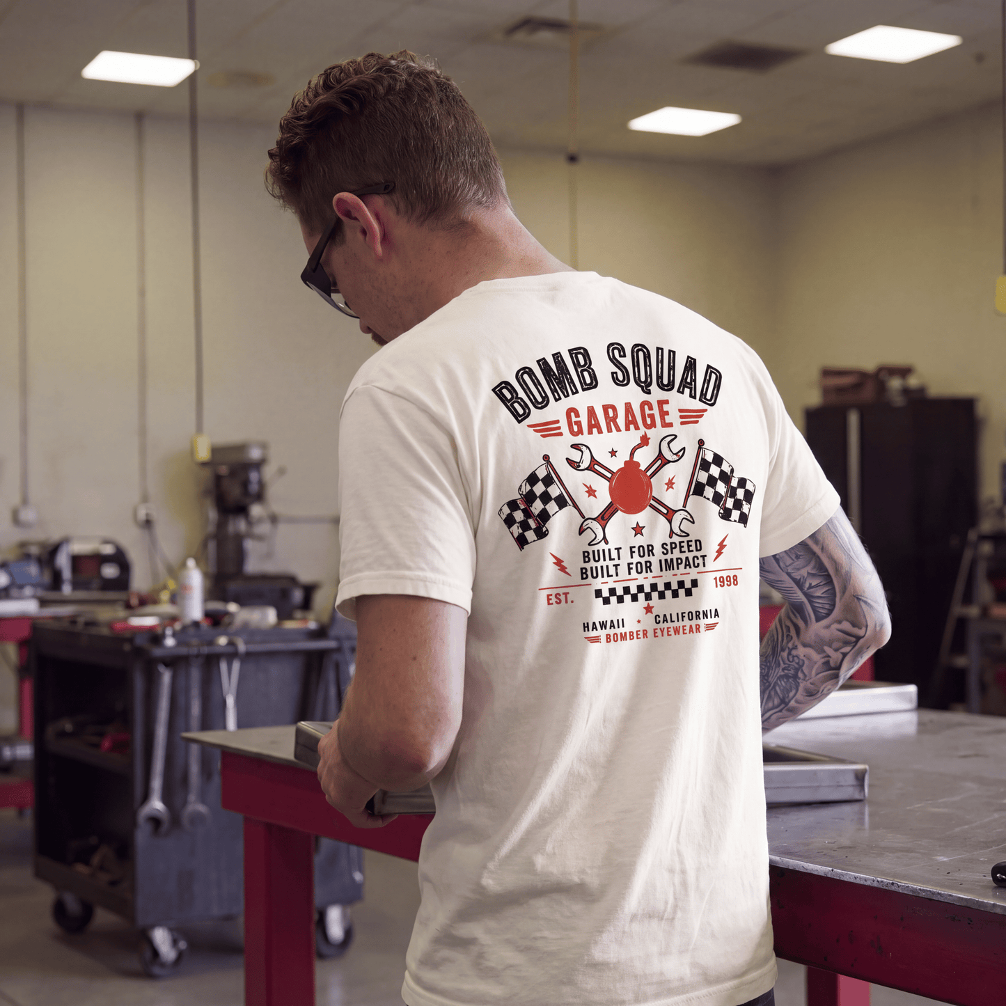 BOMB SQUAD GARAGE SS T-SHIRT - Bomber Eyewear - TS-WHT-SS-GARAGE-M