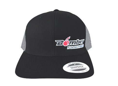 FLAT BILL BLACK & WHITE SNAPBACK TRUCKER HAT WITH BOMBER LOGO - Accessories - Bomber Eyewear - BH1BLK/WHT