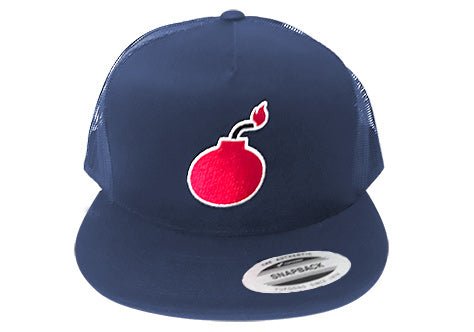 FLAT BILL NAVY SNAPBACK TRUCKER HAT WITH BOMB LOGO - Accessories - Bomber Eyewear - BH2_NAVY BOMB