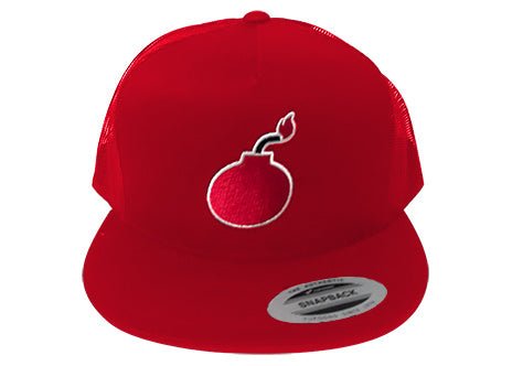 FLAT BILL RED SNAPBACK TRUCKER HAT WITH BOMB LOGO - Accessories - Bomber Eyewear - BH2_RED BOMB