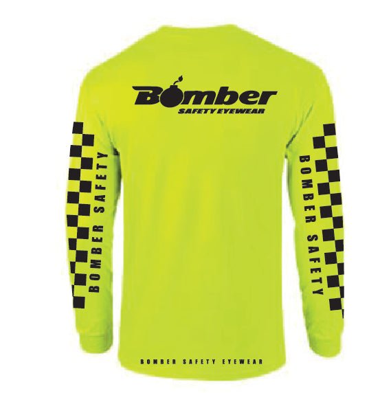T - SHIRT SAFETY YELLOW CHECKER LONG SLEEVE - Accessories - Bomber Eyewear - T-SHIRT-YELLOW-LS-CHECKER-M