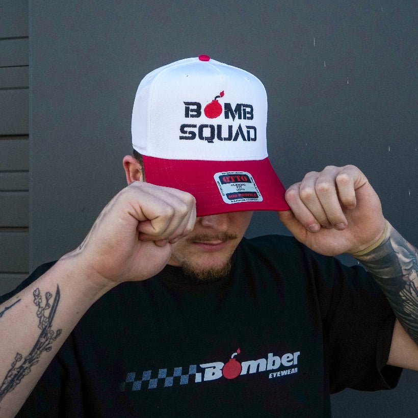BOMB SQUAD RED & WHITE SNAPBACK - Bomber Eyewear - BH4_WHT/RED