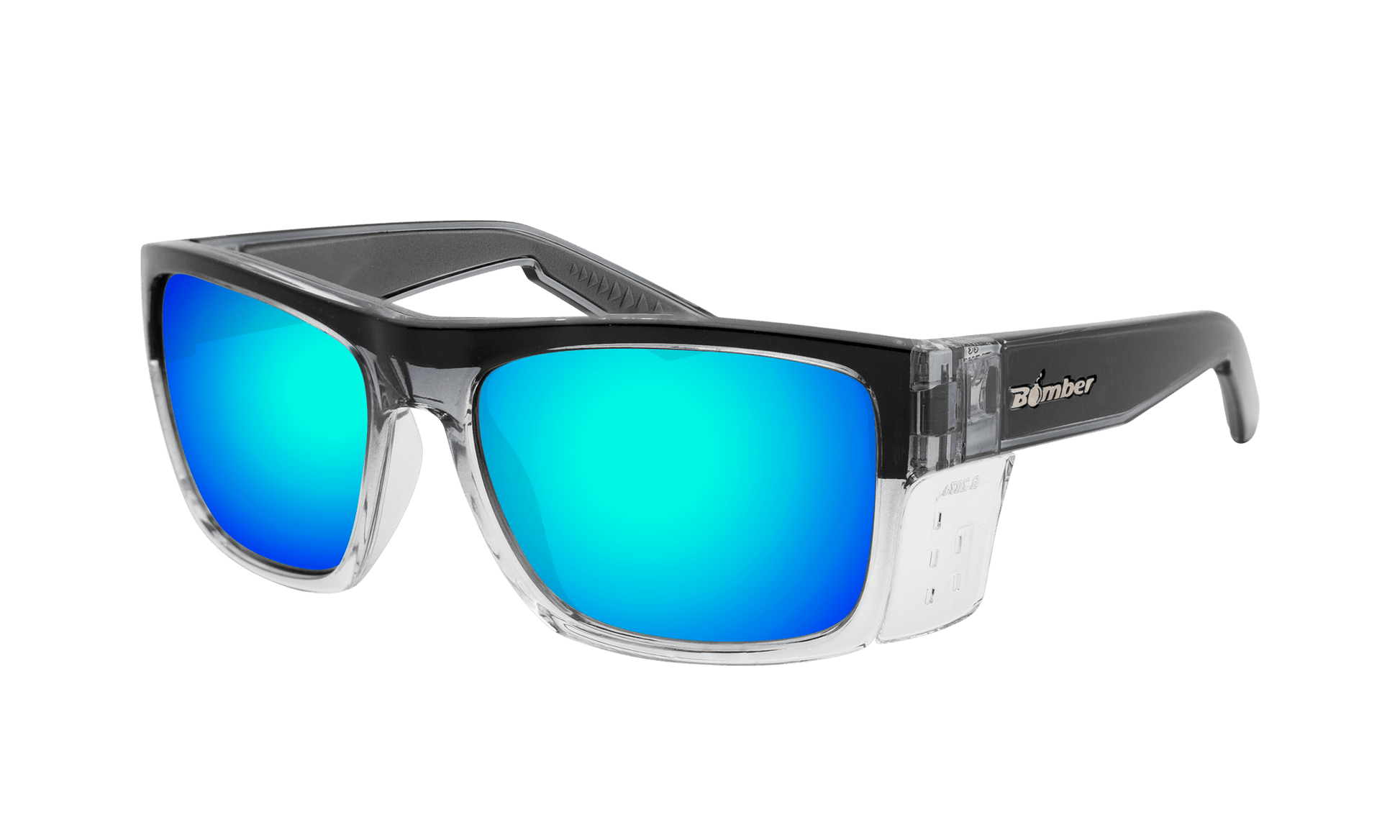 Crystal Ice Blue Mirror Lens Sunglasses with Side Shields – Bomber Crystal Ice Blue Mirror Lens Sunglasses with Side Shields – Bomber