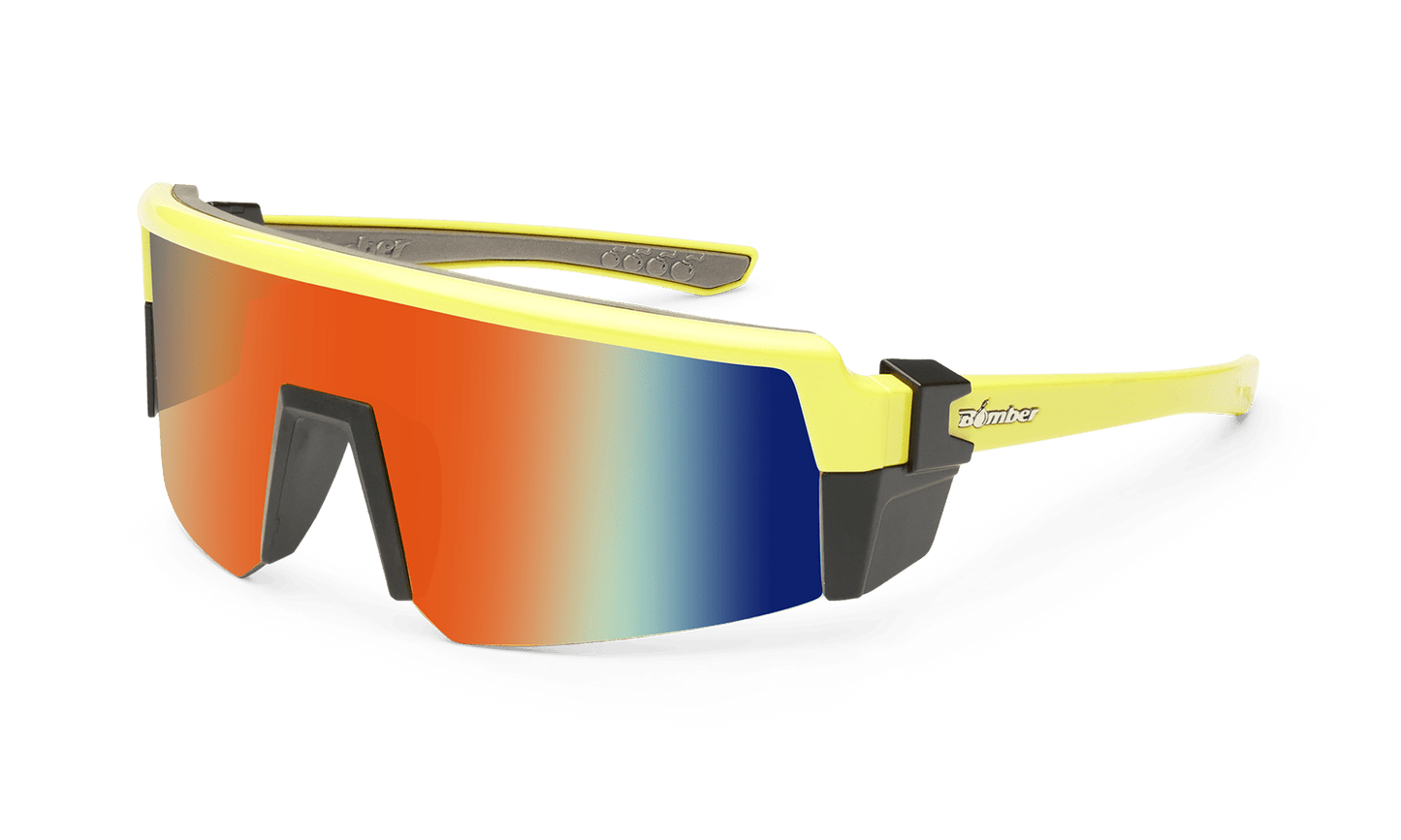 SMOKE Bomb Safety - Red Mirror Hi Vis Yellow - Safety Glasses - Bomber Eyewear - SMK108RM