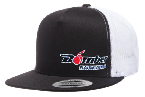 Flat Bill Black & White Snapback Trucker Hat with Bomber Logo