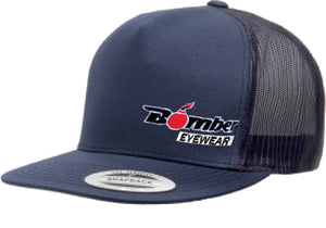 FLAT BILL NAVY SNAPBACK TRUCKER HAT WITH BOMBER LOGO