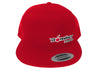 FLAT BILL RED SNAPBACK TRUCKER HAT WITH BOMBER LOGO