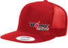 FLAT BILL RED SNAPBACK TRUCKER HAT WITH BOMBER LOGO