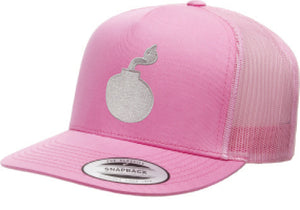 FLAT BILL PINK SNAPBACK TRUCKER HAT WITH BOMB LOGO