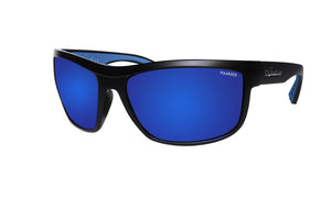BLACK FRAME FLOATING SUNGLASSES WITH BLUE MIRROR POLARIZED LENS