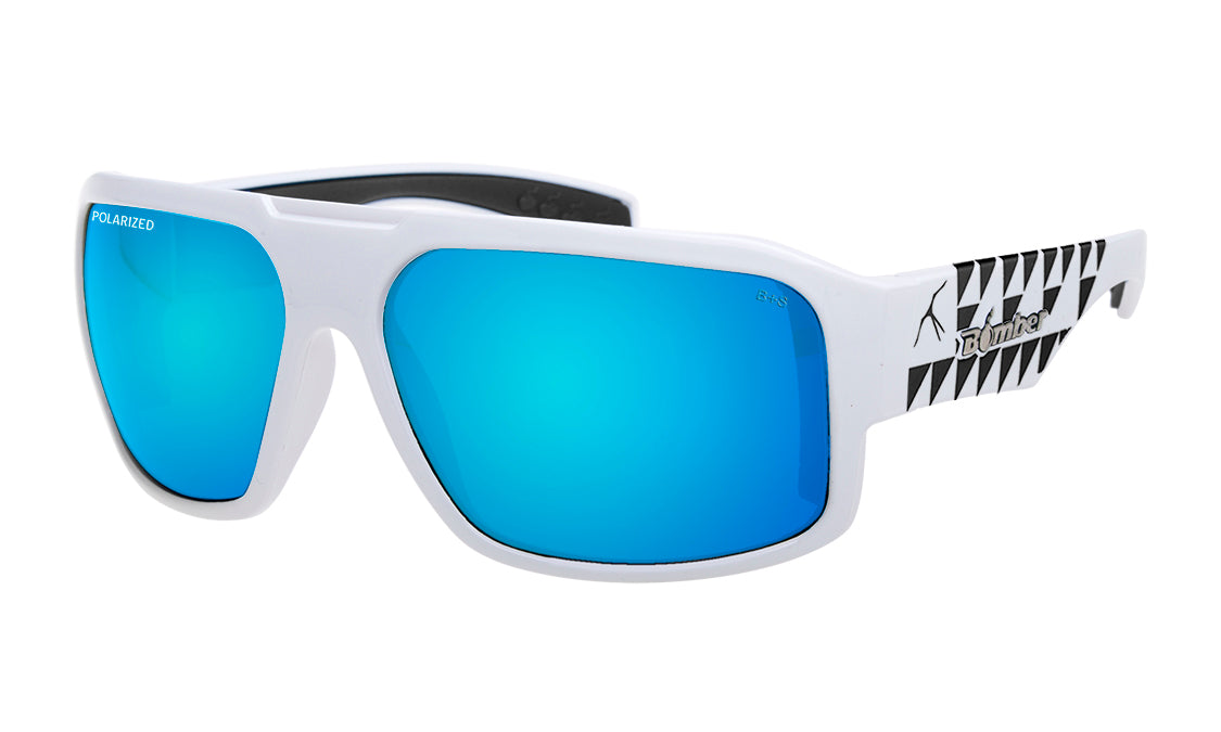 Bomber Mega Shiny White Frame/Ice Blue Mirror PL Lens Mana Design Sunglass