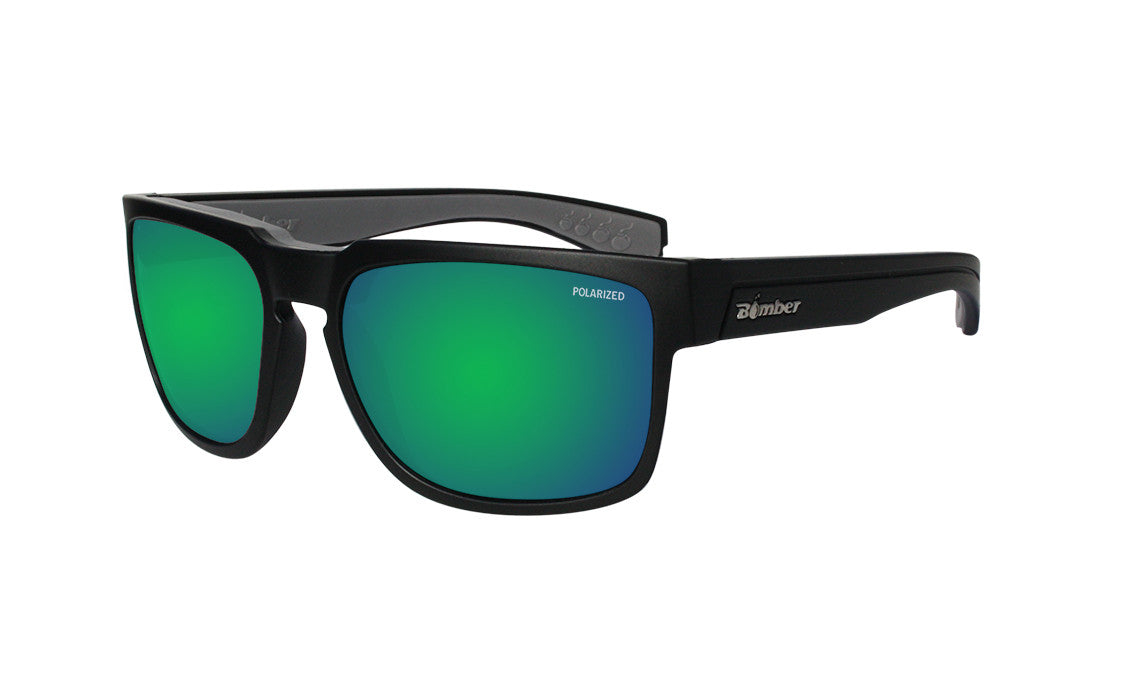 BLACK FRAME FLOATING SUNGLASSES WITH GREEN MIRROR POLARIZED LENS