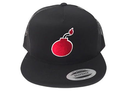 FLAT BILL BLACK SNAPBACK TRUCKER HAT WITH BOMB LOGO - Accessories - Bomber Eyewear - BH2_BLK BOMB