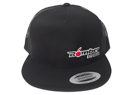 FLAT BILL BLACK SNAPBACK TRUCKER HAT WITH BOMBER LOGO - Accessories - Bomber Eyewear - BH1BLACK