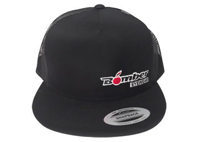 FLAT BILL BLACK SNAPBACK TRUCKER HAT WITH BOMBER LOGO - Accessories - Bomber Eyewear - BH1BLACK