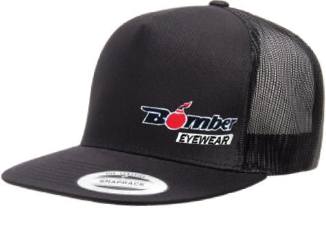 FLAT BILL BLACK SNAPBACK TRUCKER HAT WITH BOMBER LOGO - Accessories - Bomber Eyewear - BH1BLACK
