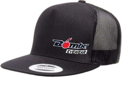 FLAT BILL BLACK SNAPBACK TRUCKER HAT WITH BOMBER LOGO - Accessories - Bomber Eyewear - BH1BLACK
