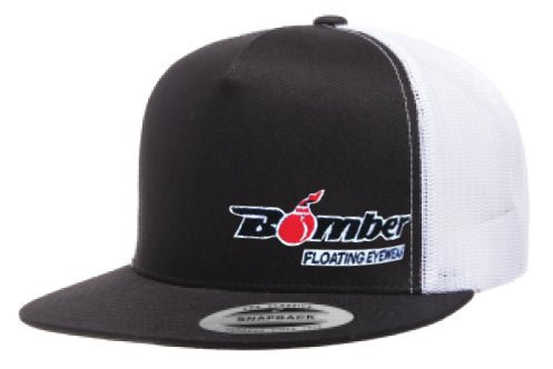FLAT BILL BLACK & WHITE SNAPBACK TRUCKER HAT WITH BOMBER LOGO - Accessories - Bomber Eyewear - BH1BLK/WHT