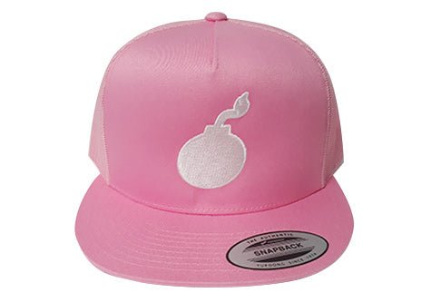 FLAT BILL PINK SNAPBACK TRUCKER HAT WITH BOMB LOGO - Accessories - Bomber Eyewear - BH2_PINK BOMB