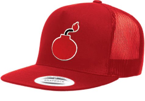FLAT BILL RED SNAPBACK TRUCKER HAT WITH BOMB LOGO - Bomber Eyewear - BH2_RED BOMB