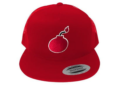 FLAT BILL RED SNAPBACK TRUCKER HAT WITH BOMB LOGO - Bomber Eyewear - BH2_RED BOMB
