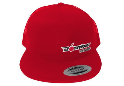 FLAT BILL RED SNAPBACK TRUCKER HAT WITH BOMBER LOGO - Accessories - Bomber Eyewear - BH1RED
